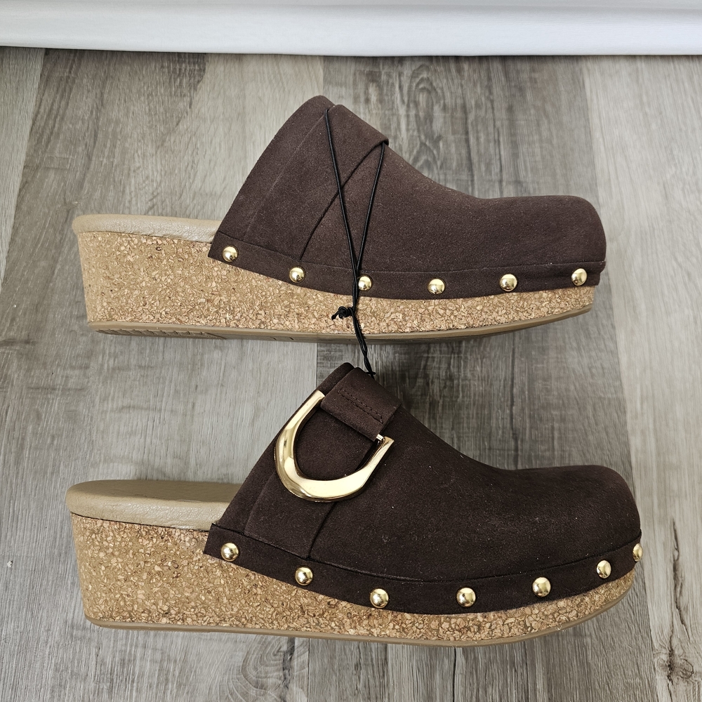 Brown Suede Clog Mules with Gold Buckle